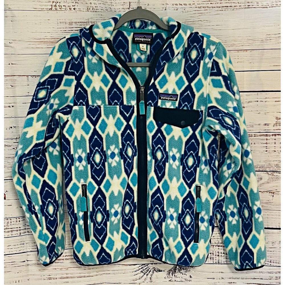 Patagonia Lightweight Synchilla Hooded Fleece Jacket Aztec Blue Full Zip S